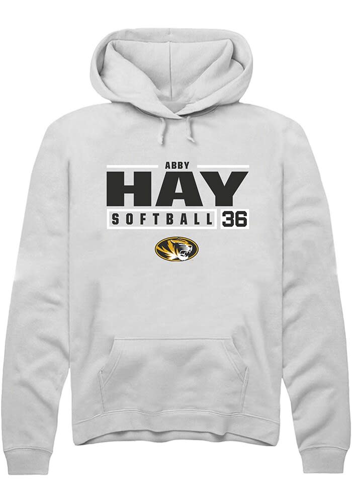 Abby Hay Missouri Tigers Mens White NIL Stacked Box Hoodie - 2476022627