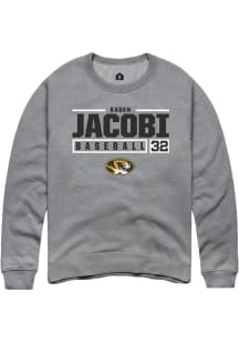 Kaden Jacobi  Rally Missouri Tigers Mens Grey NIL Stacked Box Long Sleeve Crew Sweatshirt
