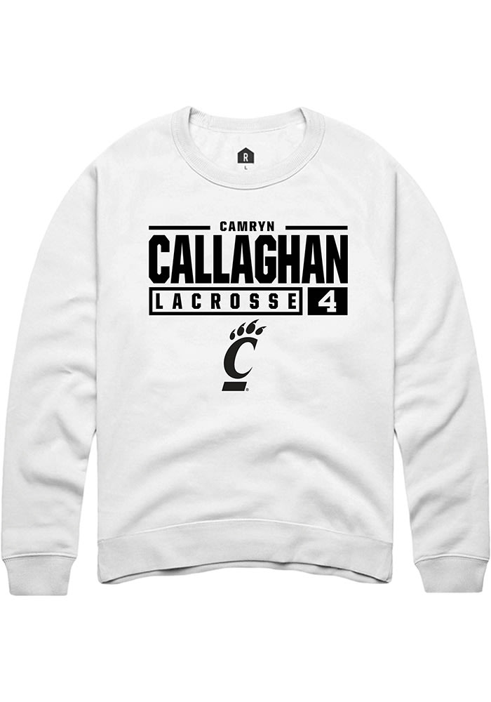 Camryn Callaghan Rally Cincinnati Bearcats Mens White NIL Stacked Box Long Sleeve Crew Sweatshirt