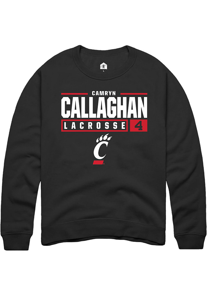 Camryn Callaghan Rally Cincinnati Bearcats Mens Black NIL Stacked Box Long Sleeve Crew Sweatshirt