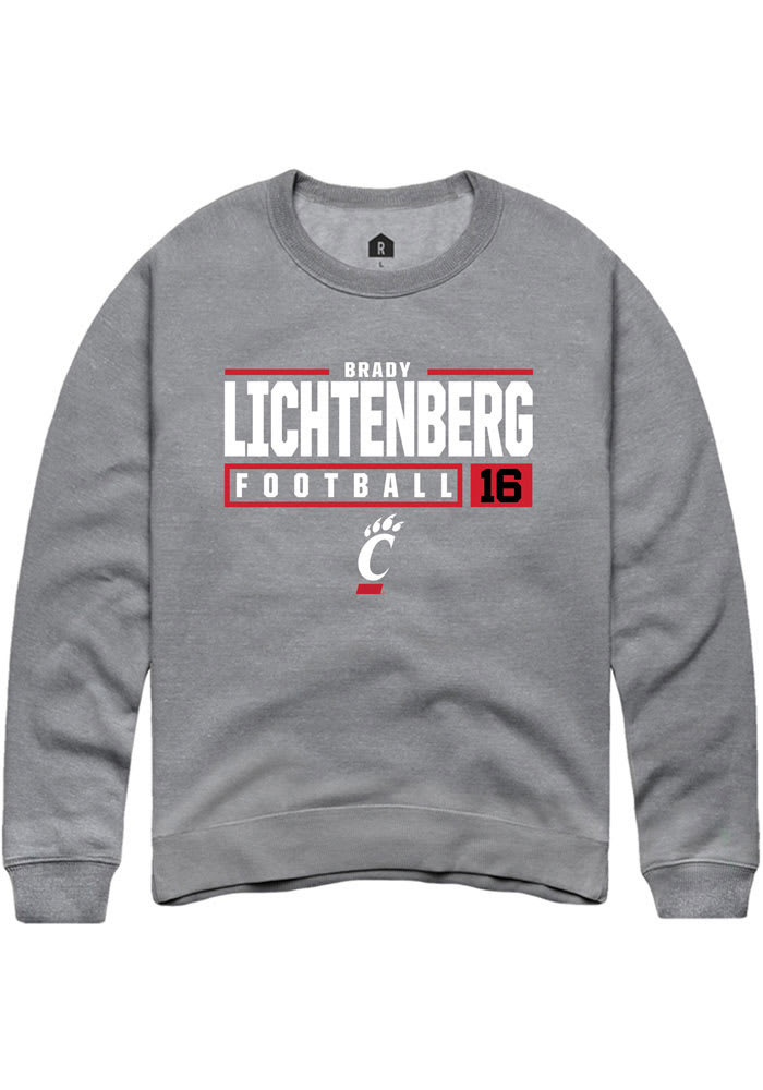 Brady Lichtenberg Rally Cincinnati Bearcats Mens Grey NIL Stacked Box Long Sleeve Crew Sweatshirt