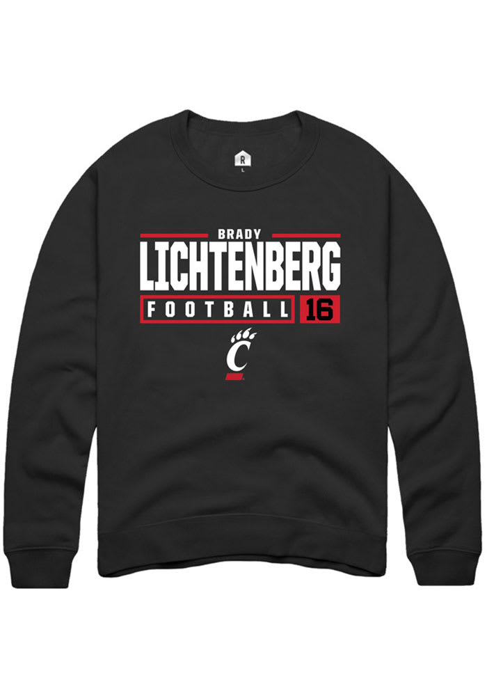 Brady Lichtenberg Rally Cincinnati Bearcats Mens Black NIL Stacked Box Long Sleeve Crew Sweatshirt