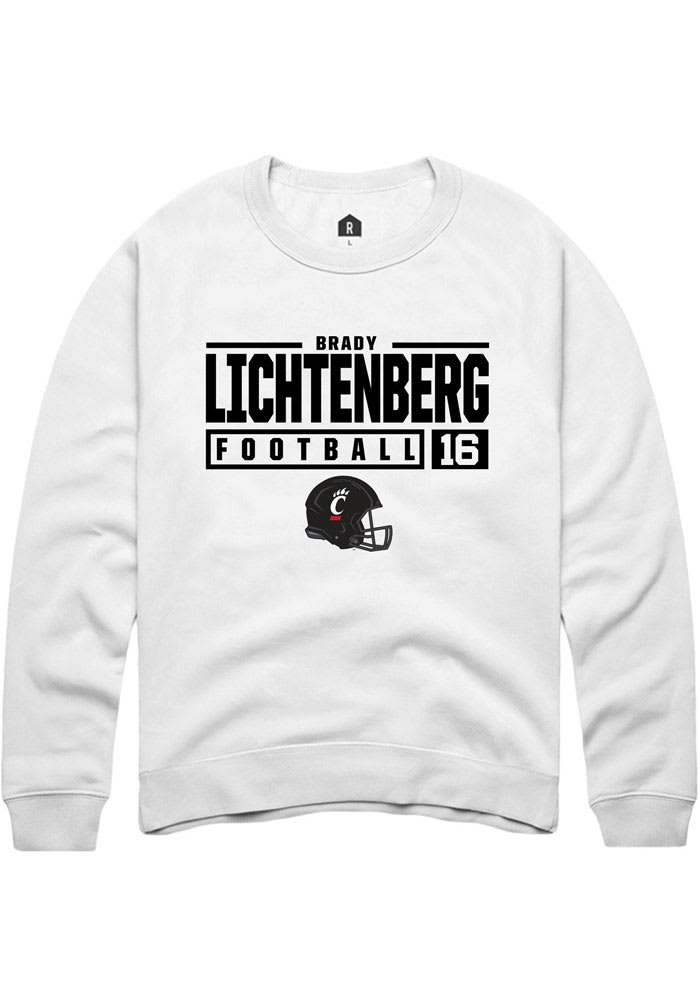 Brady Lichtenberg Rally Cincinnati Bearcats Mens White NIL Stacked Box Long Sleeve Crew Sweatshirt