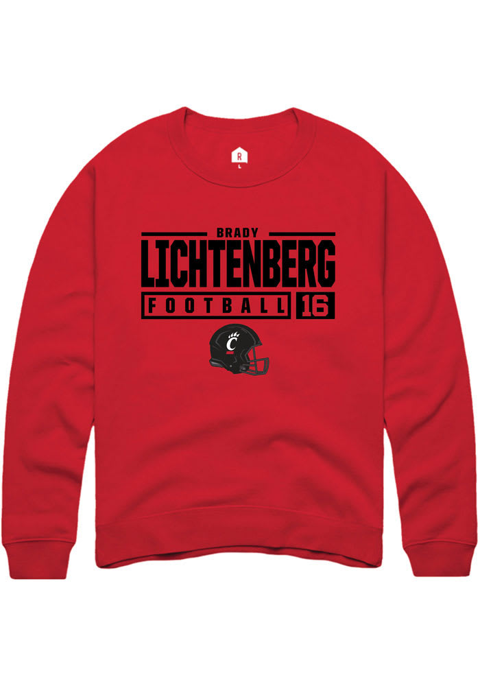 Brady Lichtenberg Rally Cincinnati Bearcats Mens Red NIL Stacked Box Long Sleeve Crew Sweatshirt