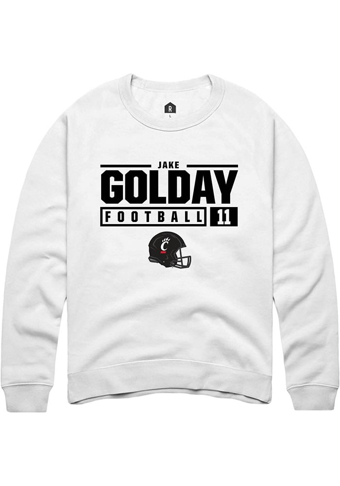 Jake Golday Rally Cincinnati Bearcats Mens White NIL Stacked Box Long Sleeve Crew Sweatshirt