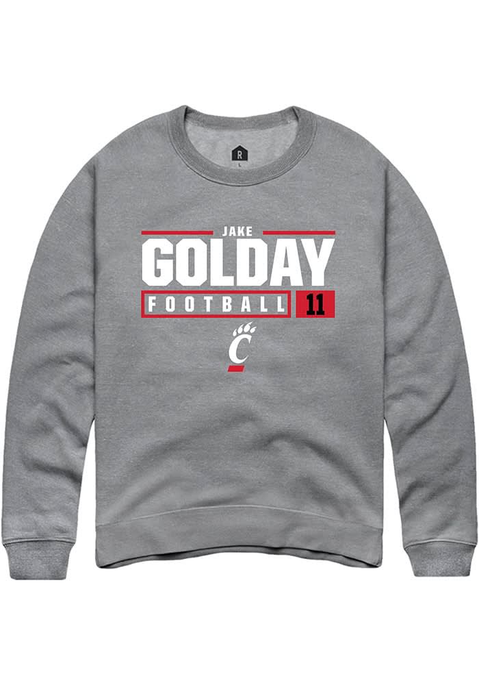 Jake Golday Rally Cincinnati Bearcats Mens Graphite NIL Stacked Box Long Sleeve Crew Sweatshirt