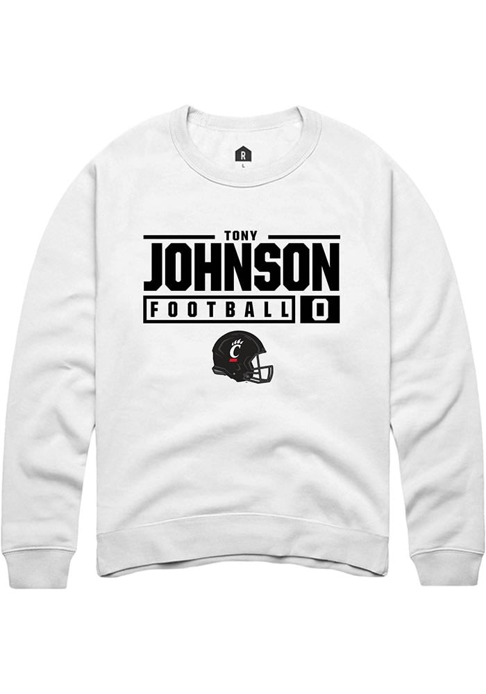 Tony Johnson Rally Cincinnati Bearcats Mens White NIL Stacked Box Long Sleeve Crew Sweatshirt