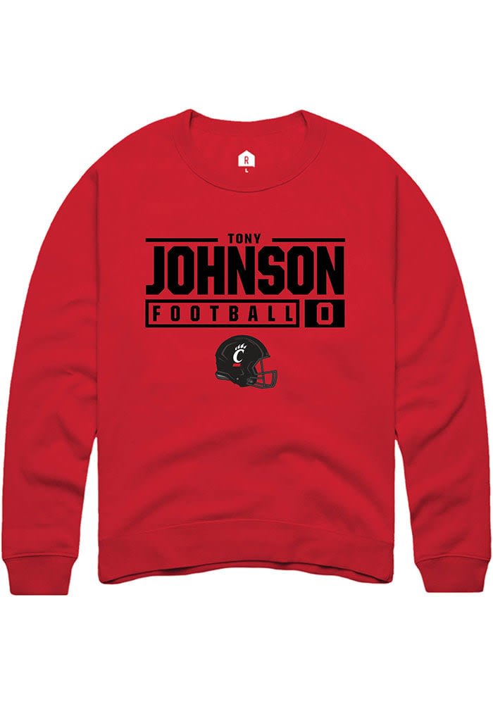 Tony Johnson Rally Cincinnati Bearcats Mens Red NIL Stacked Box Long Sleeve Crew Sweatshirt