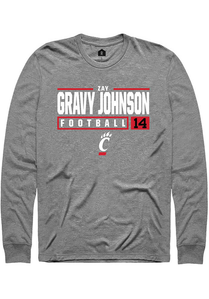 Zay Gravy Johnson Cincinnati Bearcats Graphite Rally NIL Stacked Box Long Sleeve T Shirt