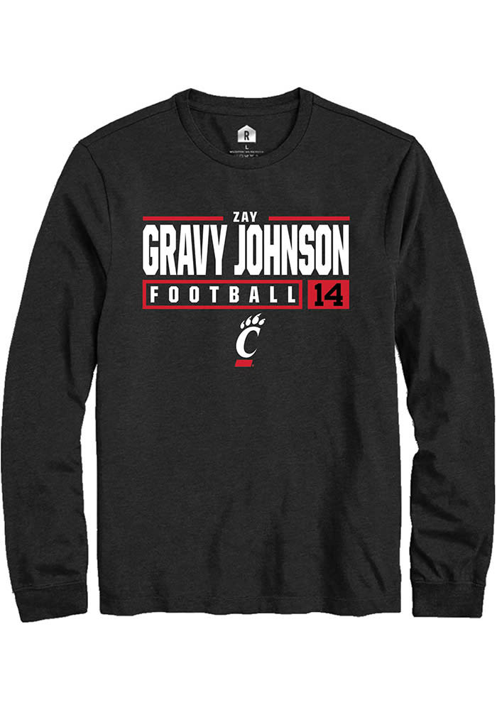 Zay Gravy Johnson Cincinnati Bearcats Black Rally NIL Stacked Box Long Sleeve T Shirt