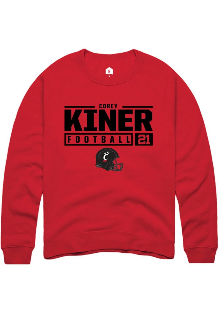 Corey Kiner Rally Cincinnati Bearcats Mens NIL Stacked Box Long Sleeve Crew Sweatshirt