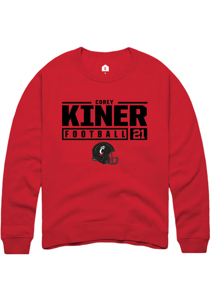 Corey Kiner Rally Cincinnati Bearcats Mens Red NIL Stacked Box Long Sleeve Crew Sweatshirt