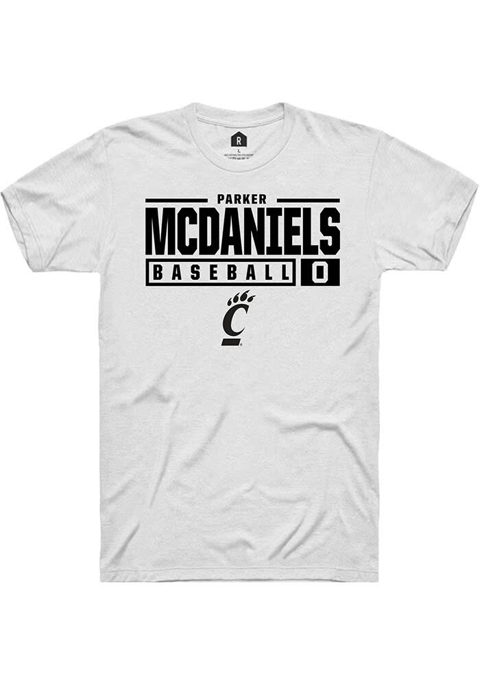 Parker McDaniels Cincinnati Bearcats White Rally NIL Stacked Box Short Sleeve T Shirt