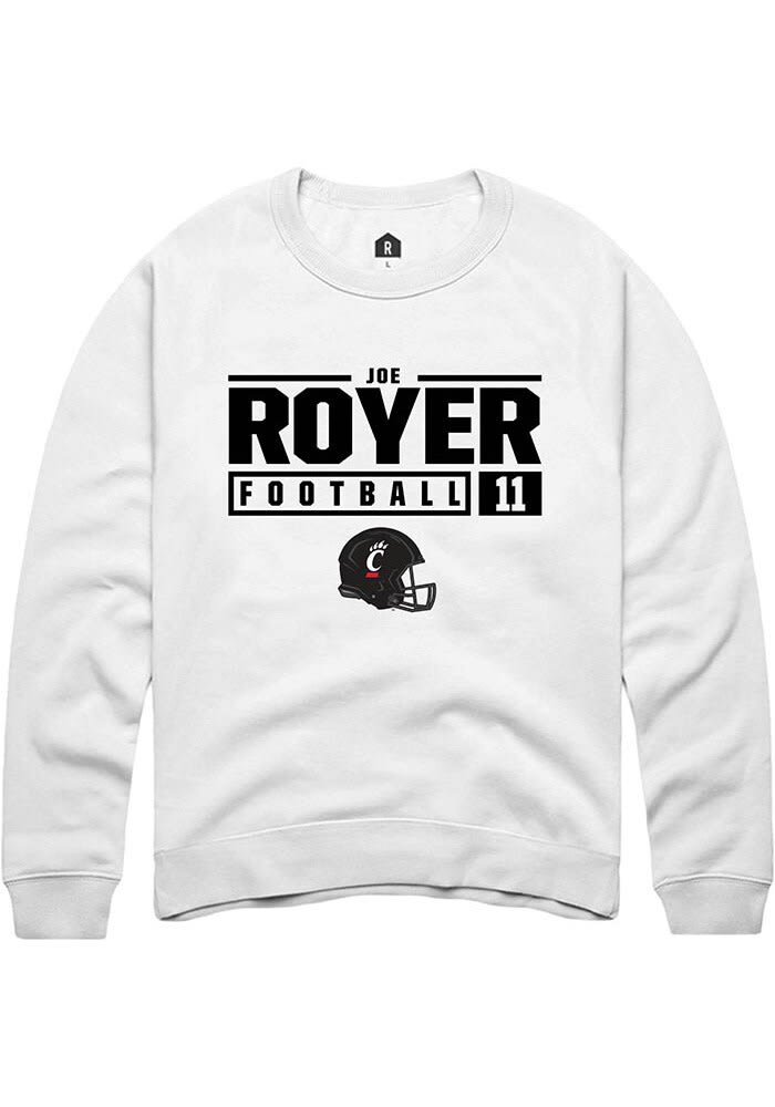 Joe Royer Rally Cincinnati Bearcats Mens White NIL Stacked Box Long Sleeve Crew Sweatshirt