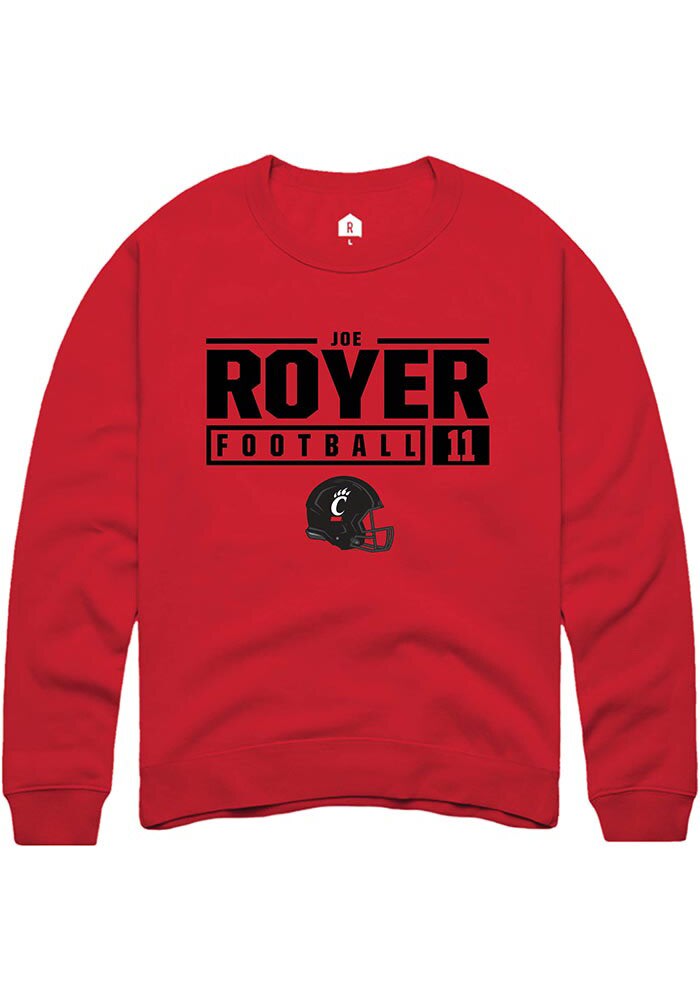 Joe Royer Rally Cincinnati Bearcats Mens Red NIL Stacked Box Long Sleeve Crew Sweatshirt