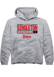 Deshon Singleton Rally Youth Grey Nebraska Cornhuskers NIL Stacked Box Long Sleeve Hooded Sweatshi..