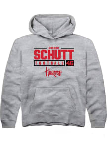 Connor Schutt Rally Youth Grey Nebraska Cornhuskers NIL Stacked Box Long Sleeve Hooded Sweatshirt