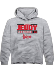 Elijah Jeudy Rally Youth Grey Nebraska Cornhuskers NIL Stacked Box Long Sleeve Hooded Sweatshirt