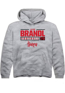 Jacob Brandl Rally Youth Grey Nebraska Cornhuskers NIL Stacked Box Long Sleeve Hooded Sweatshirt