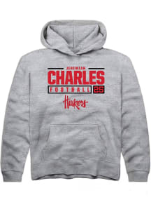 Jeremiah Charles Rally Youth Grey Nebraska Cornhuskers NIL Stacked Box Long Sleeve Hooded Sweatshi..