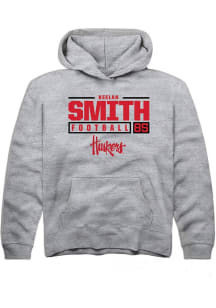 Keelan Smith Rally Youth Grey Nebraska Cornhuskers NIL Stacked Box Long Sleeve Hooded Sweatshirt