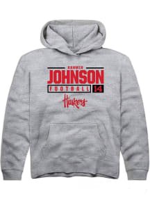 Rahmir Johnson Rally Youth Grey Nebraska Cornhuskers NIL Stacked Box Long Sleeve Hooded Sweatshi..