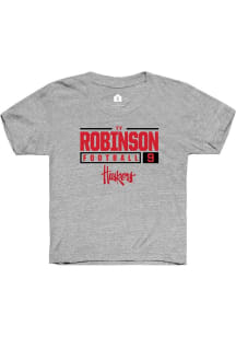 Ty Robinson Rally Youth Grey Nebraska Cornhuskers NIL Stacked Box Short Sleeve T-Shirt