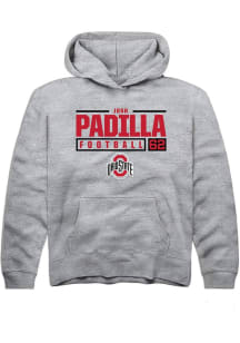 Josh Padilla Rally Youth Grey Ohio State Buckeyes NIL Stacked Box Long Sleeve Hooded Sweatshirt
