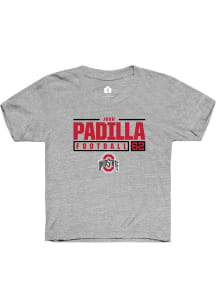 Josh Padilla Rally Youth Grey Ohio State Buckeyes NIL Stacked Box Short Sleeve T-Shirt