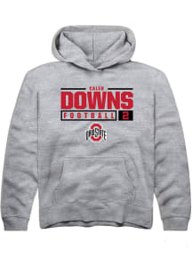 Caleb Downs Rally Youth Grey Ohio State Buckeyes NIL Stacked Box Long Sleeve Hooded Sweatshirt