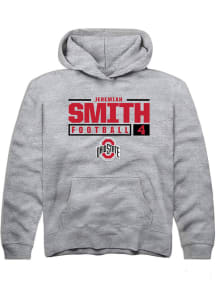 Jeremiah Smith Rally Youth Grey Ohio State Buckeyes NIL Stacked Box Long Sleeve Hooded Sweatshir..