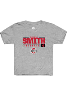 Jeremiah Smith Rally Youth Grey Ohio State Buckeyes NIL Stacked Box Short Sleeve T-Shirt