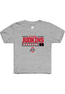 Quinshon Judkins Rally Youth Grey Ohio State Buckeyes NIL Stacked Box Short Sleeve T-Shirt