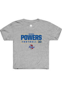 Keigan Powers Rally Youth Grey Tulsa Golden Hurricane NIL Stacked Box Short Sleeve T-Shirt