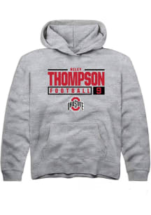 Riley Thompson Rally Youth Grey Ohio State Buckeyes NIL Stacked Box Long Sleeve Hooded Sweatshir..