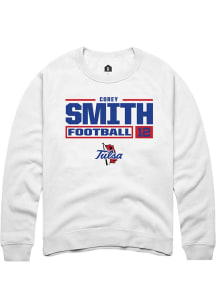 Corey Smith Rally Mens White Tulsa Golden Hurricane NIL Stacked Box Crew Sweatshirt