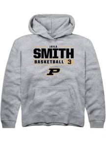 Jayla Smith Rally Youth Grey Purdue Boilermakers NIL Stacked Box Long Sleeve Hooded Sweatshirt