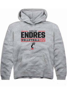 Caroline Endres Rally Youth Grey Cincinnati Bearcats NIL Stacked Box Long Sleeve Hooded Sweatshi..