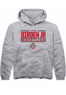 e’Than Birden Jr Rally Youth Grey Ohio State Buckeyes NIL Stacked Box Long Sleeve Hooded Sweatsh..
