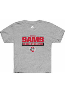 Reagan Sams Rally Youth Grey Ohio State Buckeyes NIL Stacked Box Short Sleeve T-Shirt