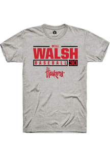 Will Walsh Ash Nebraska Cornhuskers NIL Stacked Box Short Sleeve T Shirt