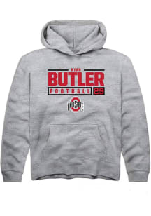 Ryan Butler Rally Youth Grey Ohio State Buckeyes NIL Stacked Box Long Sleeve Hooded Sweatshirt