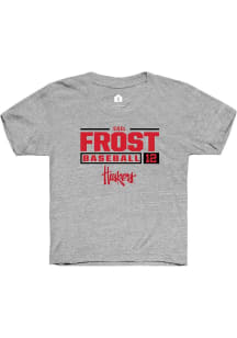 Cael Frost Rally Youth Grey Nebraska Cornhuskers NIL Stacked Box Short Sleeve T-Shirt