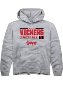 Macie Vickers Rally Youth Grey Nebraska Cornhuskers NIL Stacked Box Long Sleeve Hooded Sweatshir..