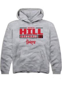 Natalia Hill Rally Youth Grey Nebraska Cornhuskers NIL Stacked Box Long Sleeve Hooded Sweatshirt