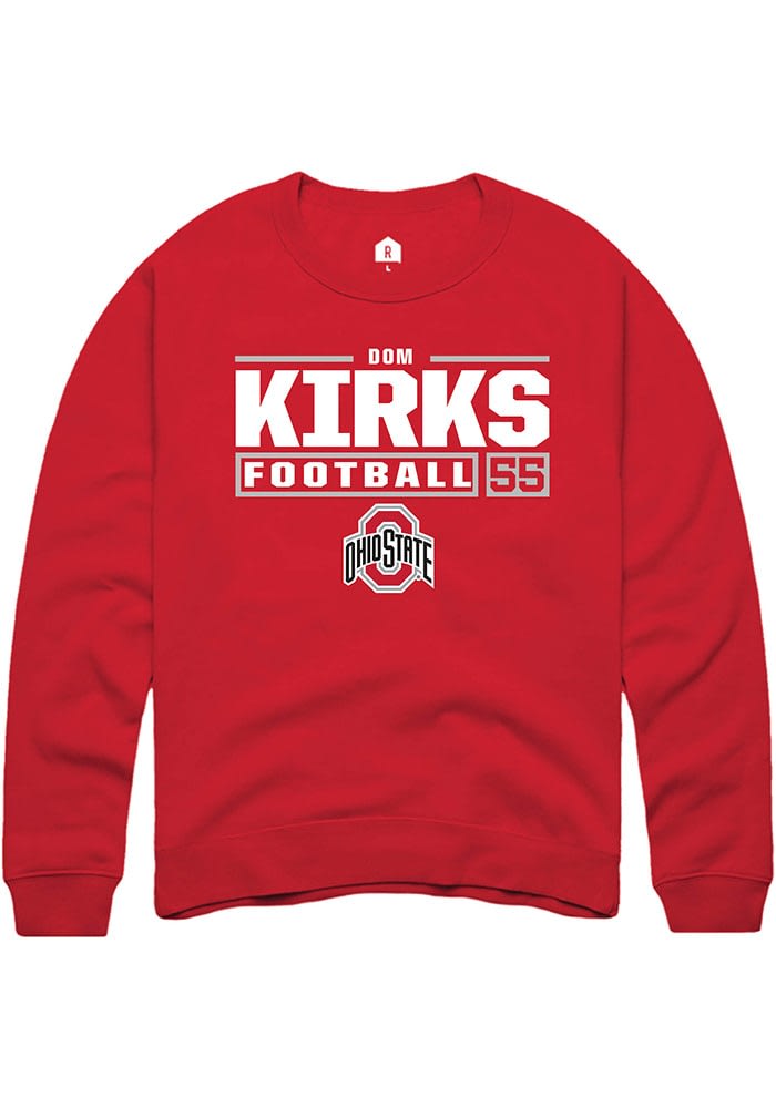 Dom Kirks Rally Ohio State Buckeyes Mens NIL Stacked Box Long Sleeve Crew Sweatshirt