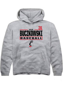 Adam Buczkowski Rally Youth Grey Cincinnati Bearcats NIL Stacked Box Long Sleeve Hooded Sweatshirt