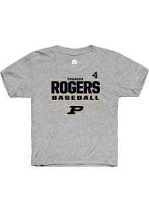 Brandon Rogers Rally Youth Grey Purdue Boilermakers NIL Stacked Box Short Sleeve T-Shirt