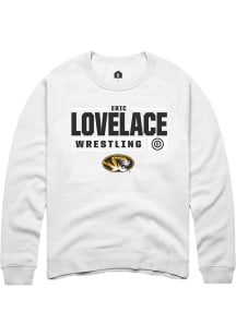 Eric Lovelace  Rally Missouri Tigers Mens White NIL Stacked Box Long Sleeve Crew Sweatshirt