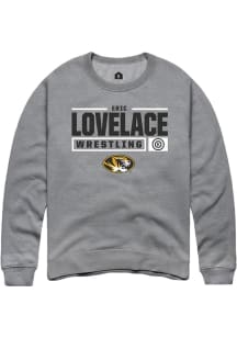 Eric Lovelace  Rally Missouri Tigers Mens Grey NIL Stacked Box Long Sleeve Crew Sweatshirt